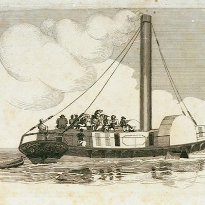 Etching of early steam ship