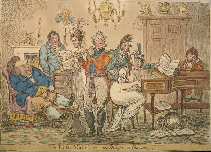 An 1810 caricature of men playing musical instruments